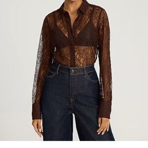 Express Brown Sheer Lace Essential Shirt Size Medium